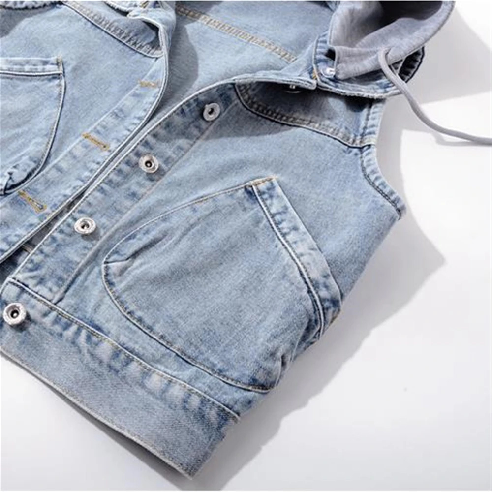 Short Denim Hoodies Women Removable Hooded Coat Spring Side Pockets Sleeveless Jeans Jackets Female Tops Sweaters Fall 250729