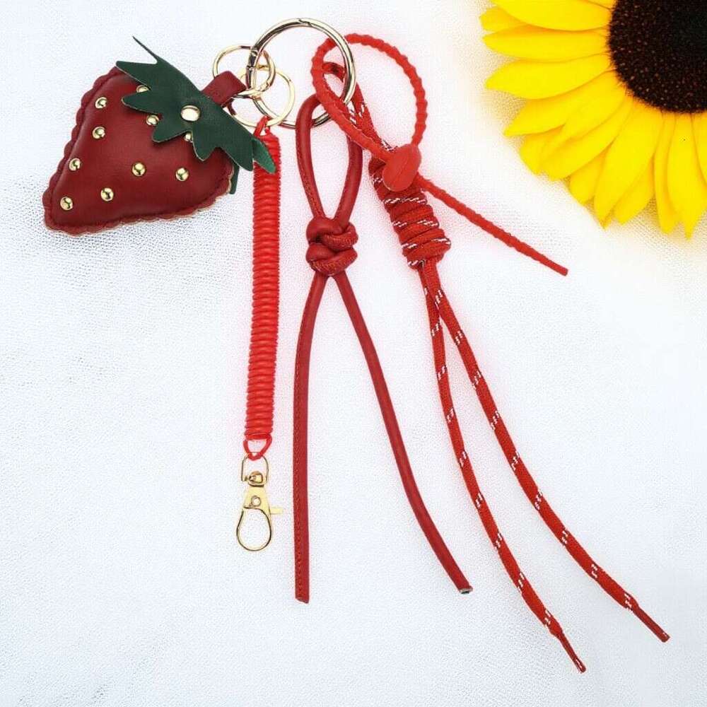 Cute Strawberry Keychain MIU Style Leather Braided Rope Heart Phone Chain Bag High-end Pendant