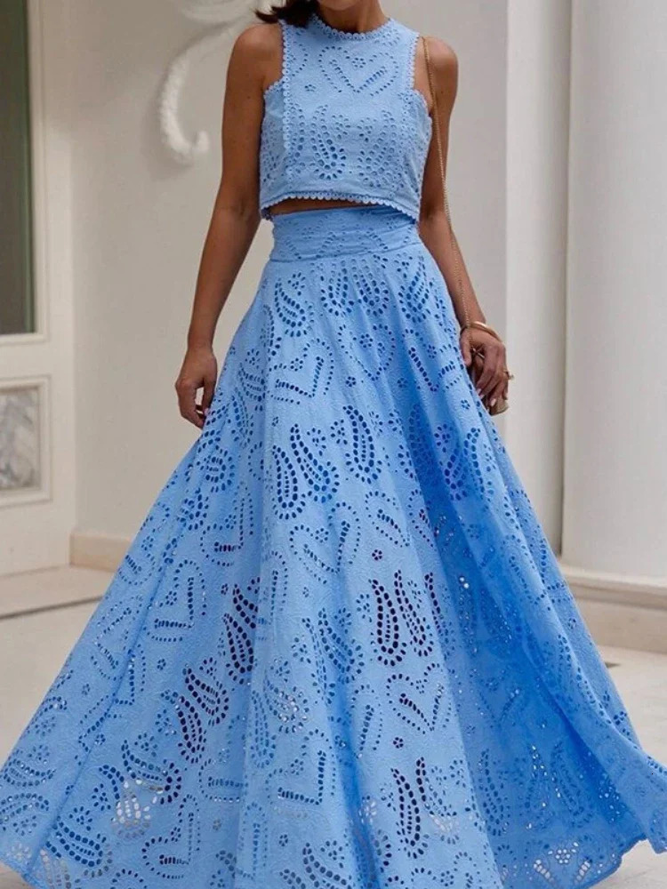 Fashion in Spring Summer Solid Color Round Neck Sleeveless Long Dress Set INS Leisure Resort Loose Twopiece Set 250729