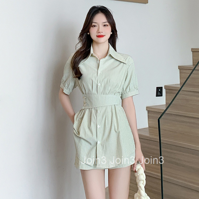 Summer New Plus Size Womens Commuting Two-Piece Set Elegant Short Sleeve Striped Shirt Dress + Shorts Set