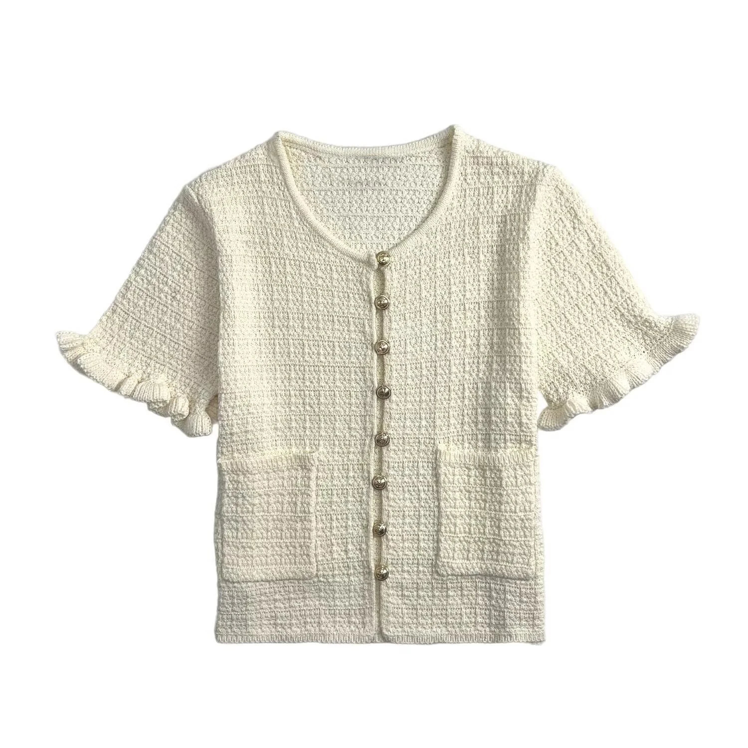 UNIZERA Womens Knitted Jacket Layered Decoration Round Neck Short Sleeved Temperament Summer Jacket 250729