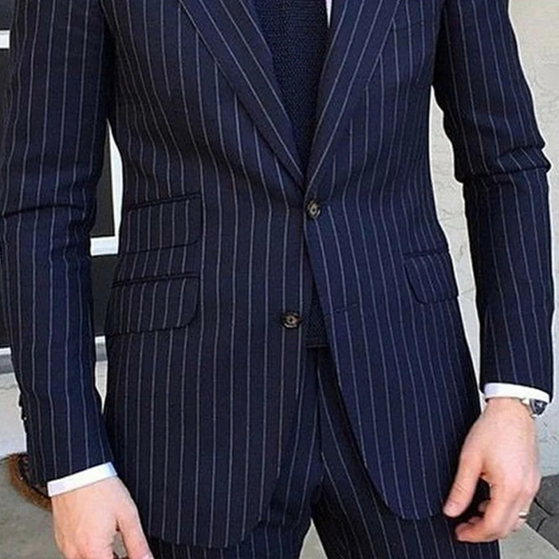 2 Piece Pinstripe Mens Suit Slim Fit for Formal Wedding Tuxedo Notched Lapel Navy Blue Striped Business Groom Male Fashion 250728