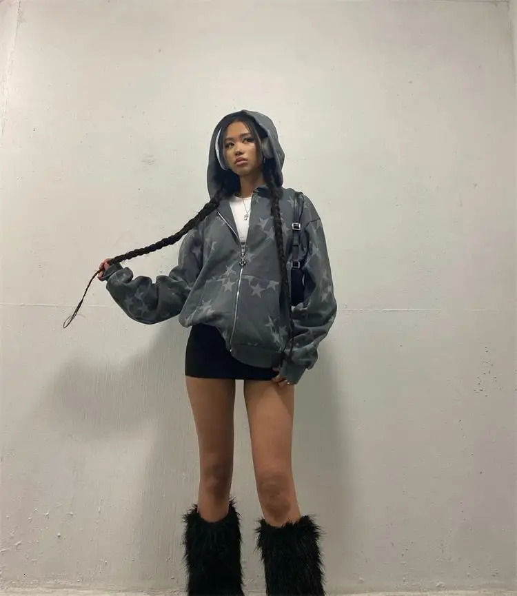 Women Hoodies Gothic Vintage Hip Hop Grunge Jacket Star Print Zip Up Coat Casual Harajuku Loose Sweatshirt Clothes Y2K Tops 250729