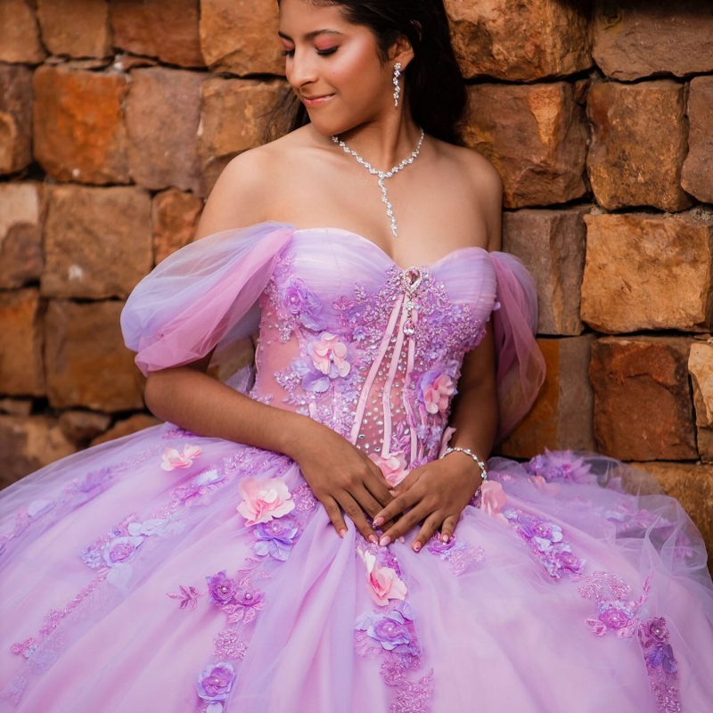 Lavender Quinceanera Dresses Off The Shoulder Appliques Flower Beads Tull Ball Gown Pink Lining Vestidos De 15 Anos Sweet 16 Dress