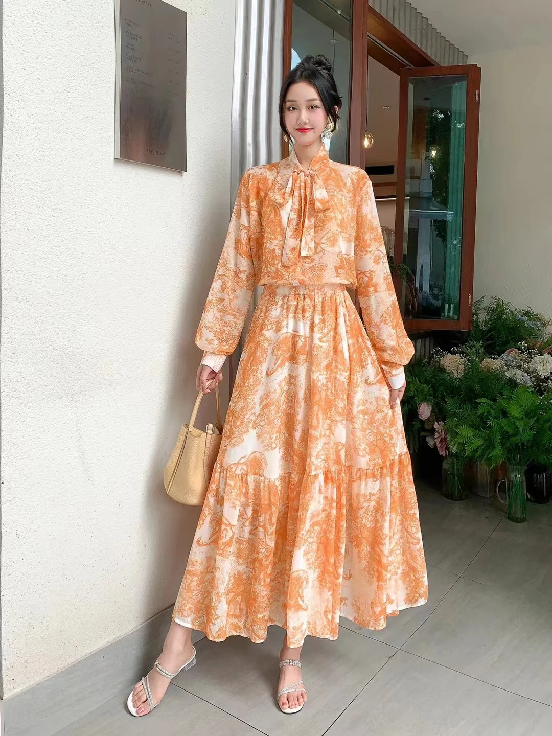 Spring Autumn Women Vintage Print Skirt Suits Loose Long Sleeve Chiffon Shirt And High Waist Long Skirt Two Piece Set 250728