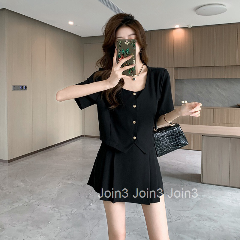 Summer New French Fashion Slimming Square Neck Short Sleeve Top + Shorts Skirt Two-Piece Set for Women