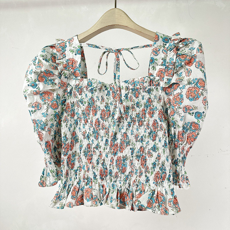 Summer New Korean and French Style Shirt Off-Shoulder Square Neck Two-Way Floral Print T-Shirt for Women Slimming Short Top