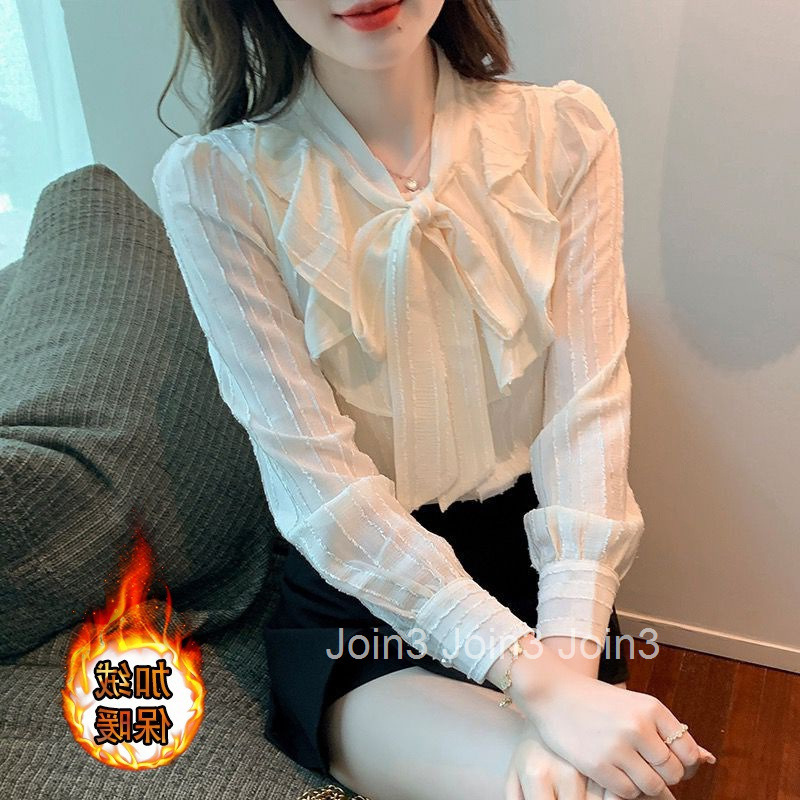 Autumn Winter Plus Size Women Bowknot Chiffon New Design Stylish Fleece Lined Long Sleeve Shirt Top Base Shirt