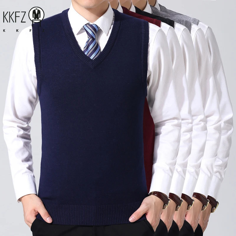 Autumn Winter Mens Solid Color Vneck Knitted Vest Casual Fashion Warm Sweater Versatile Top 250729