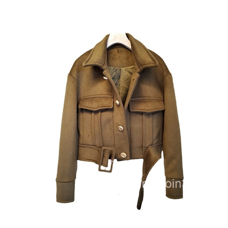 Autumn Winter New Style Socialite Workwear Double Pocket Waist-Tied Blazer Collar Short Thick Woolen Jacket Coat for Women