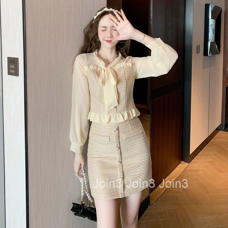 Autumn Winter New Style Elegant Slim Fit Bow Collar Long Sleeve Top and Short Skirt Set for Women