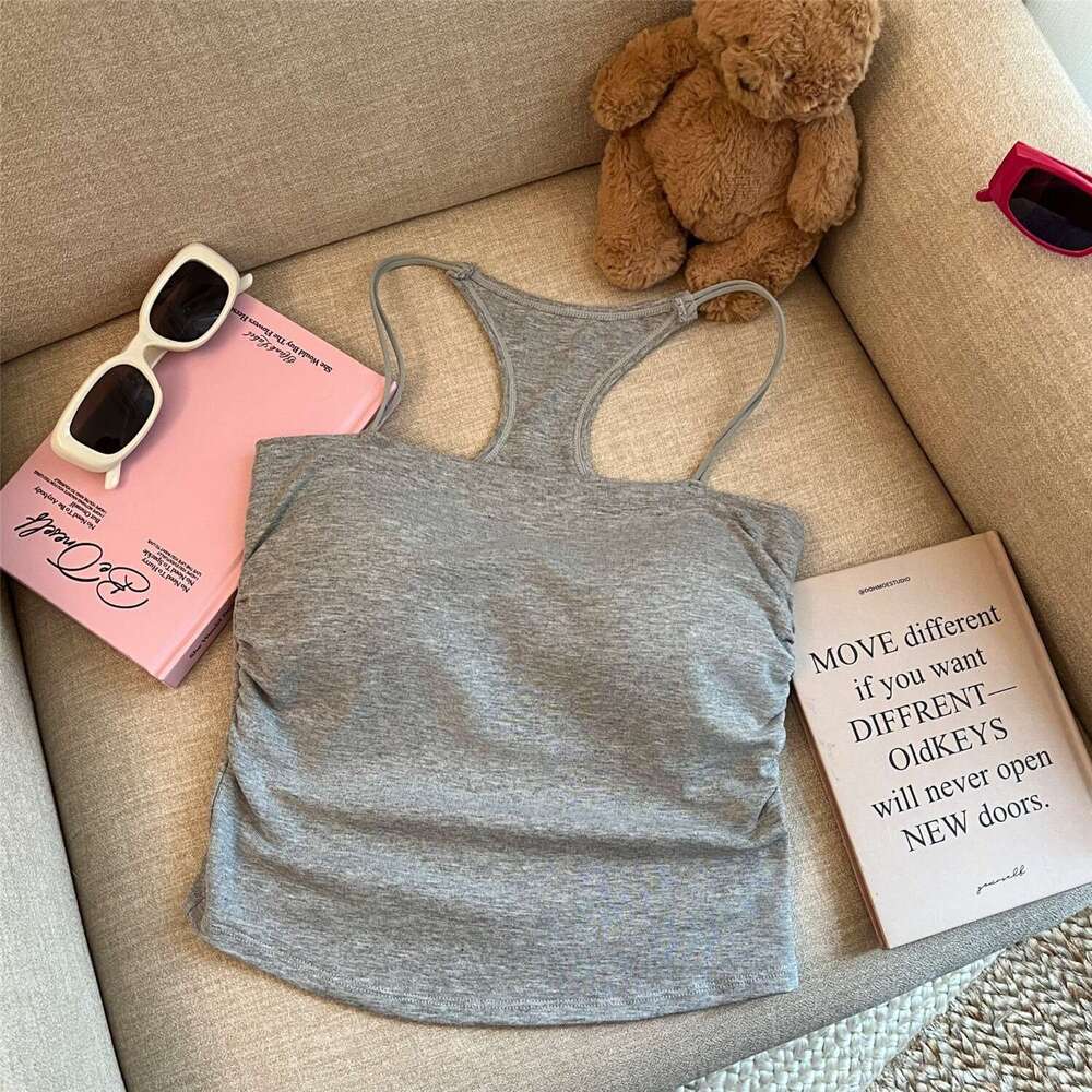 Designer T Shirt Sweet Spicy Girl Solid Color Racerback Camisole With Chest Pad Ruched Design Slim Fit Short Style Beautiful Back Top For Women