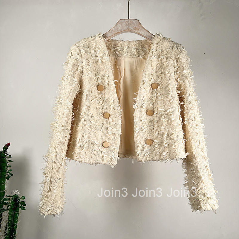 Autumn Winter New Elegant French Style V-Neck Tassel Double-Breasted Short Long Sleeve Coat Womens Top