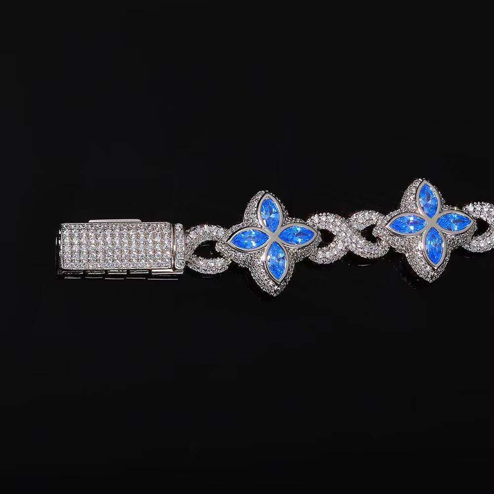 Eskeem Blue Floral Cuban Bracelet Sterling Sier Iced Out Chain VVS Moissanite Hip Hop Jewelry