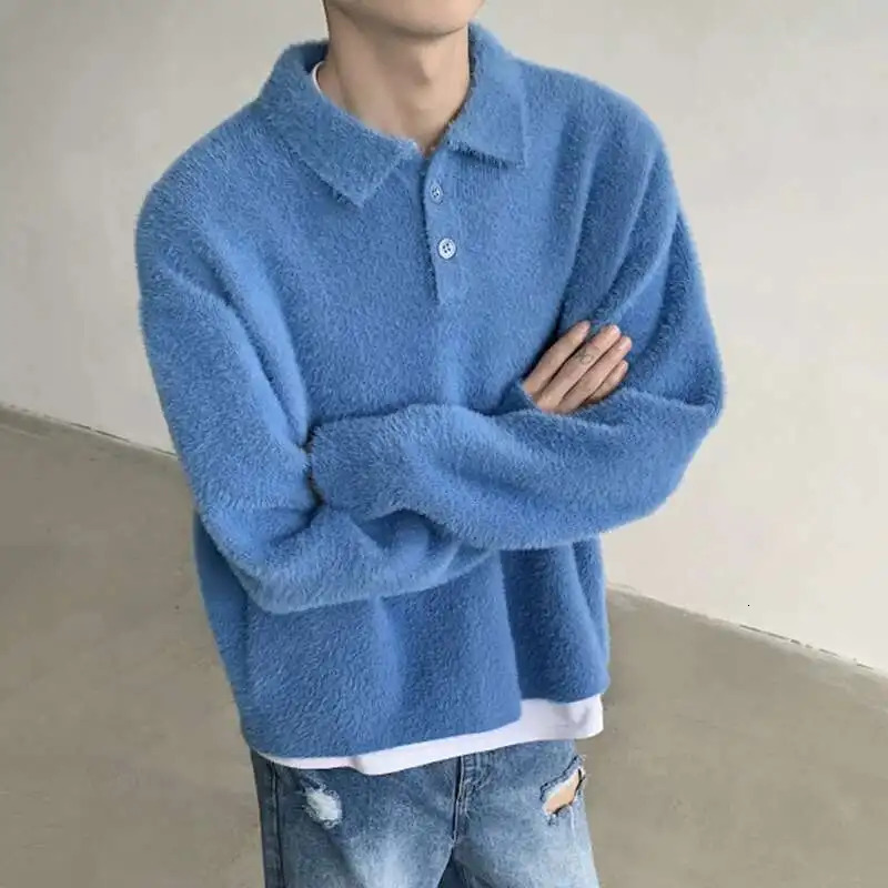 IEFB Korean Style Mens Knitting Tops Turndown Collar Button n Mohair Solid Color Sweater Loose Male Pullover Knits 9C8625 250729