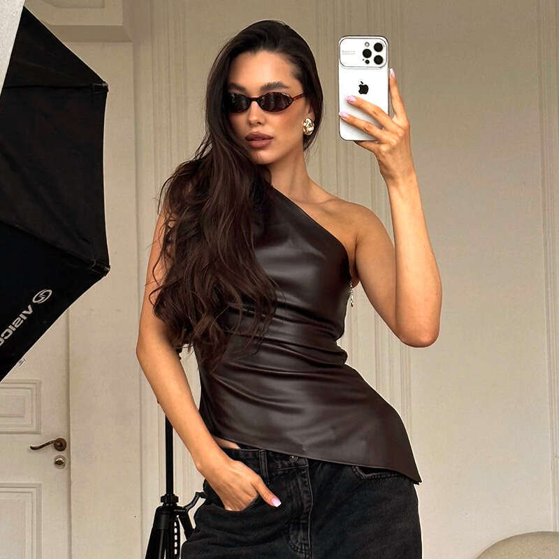 Y24tp426 Women's Autumn New Solid Color Sleeveless One-Shoulder Asymmetrical Zipper T-Shirt Top B5