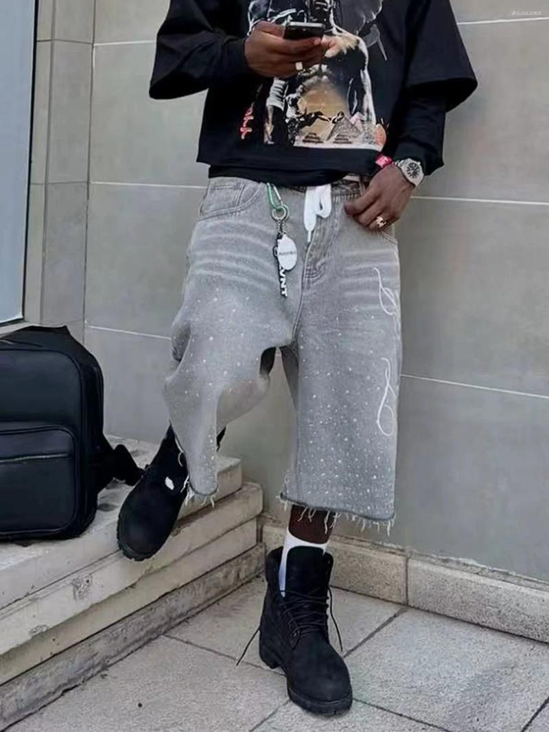 Men's Shorts Vintage Washed Rhinestone Denim Jeans Hip Hop Letter Embroidery Sequin Shiny Baggy Short Low Waist Over The Knee Pant