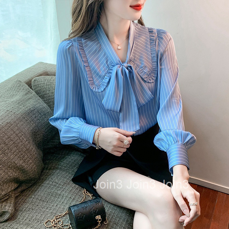 Spring and Autumn New Plus Size Womens Professional Blue Striped Chiffon Long Sleeve Shirt Fashionable Elegant Shirt