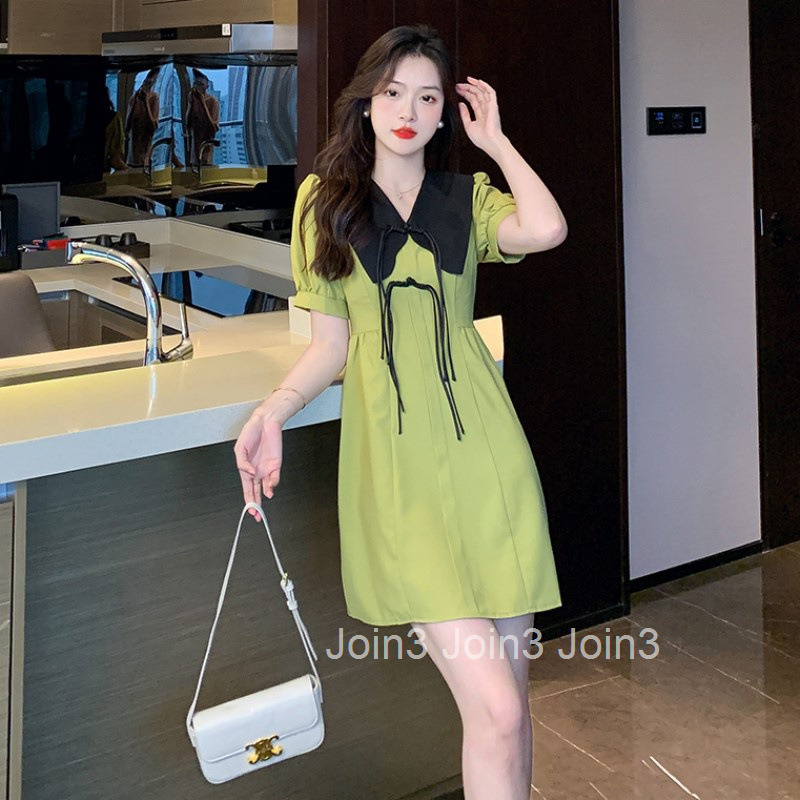 Summer New Loose A-Line Slimming Turn-Down Collar Button High Waist Short Sleeve Dress Short Skirt for Women