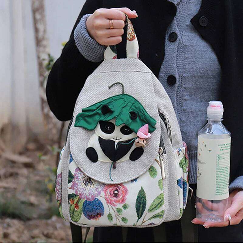 Fashion 3D National Embroidery Women High Quality Linen Female Daypack Pretty Style Cartoon Panda Design Girls Backpack