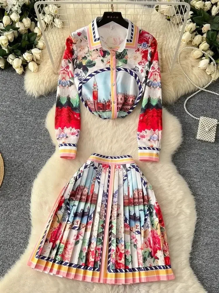 2025 Spring Summer Womens Long Sleeve Lapel Gorgeous Flower Print Shirt Top High Waist Zipper Pleated Mini Skirts 2 Piece Set 250728
