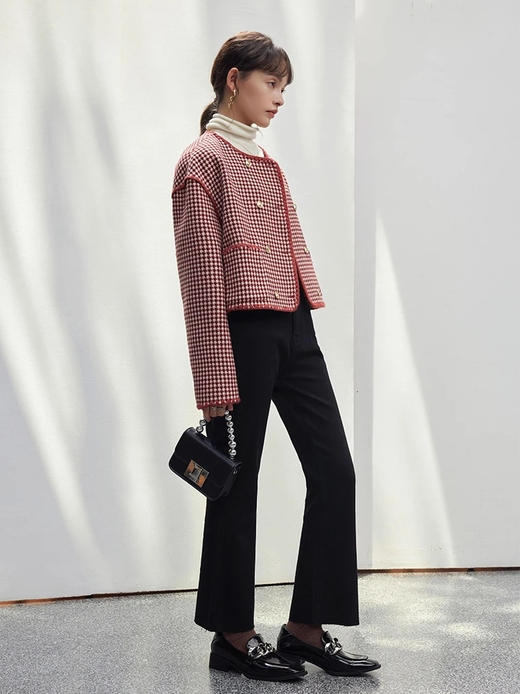 523% Wool Red Plaid n Short Winter Jackets Double Breasted Round Neck Woolen Coats Temperament Coat 250729