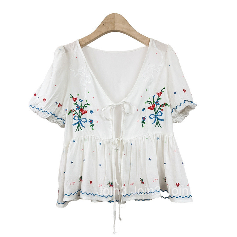 Summer New French Style Sweet Girl Cute Loose V-Neck Embroidered Tie Short Sleeve Top Womens Blouse Shirt