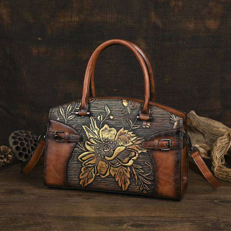 NEW Vintage Leather Handbag for Women Chinese Style Crossbody Floral Print Mother's Day Gift Purse Shoulder Bag