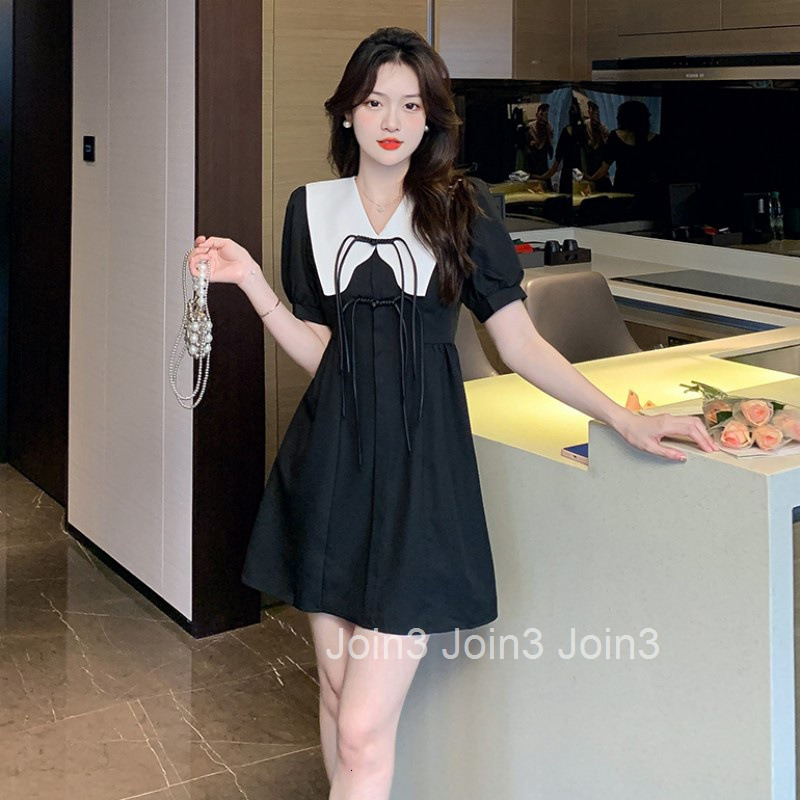 Summer New Loose A-Line Slimming Turn-Down Collar Button High Waist Short Sleeve Dress Short Skirt for Women