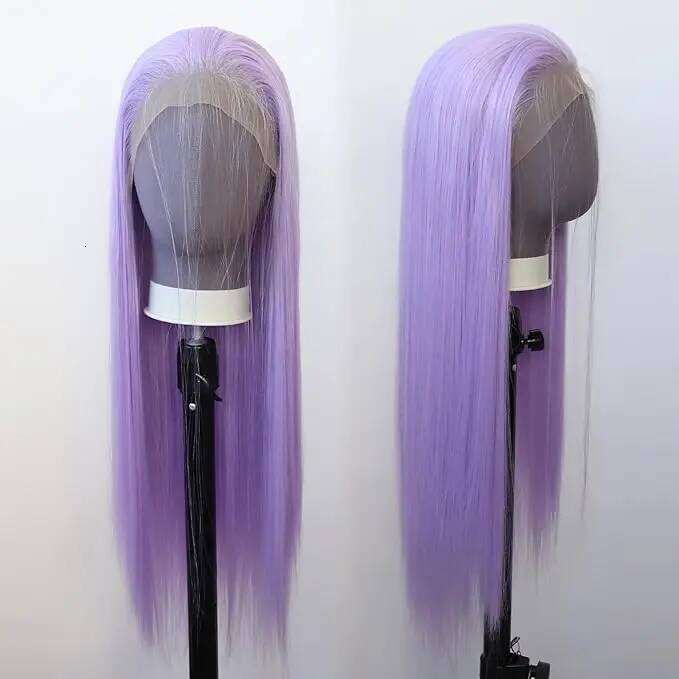Wig Long Straight Light Purple Lavender Synthetic Lace Front Wigs Pre Plucked With Natural Hairline Human Hair For Fashion Wom