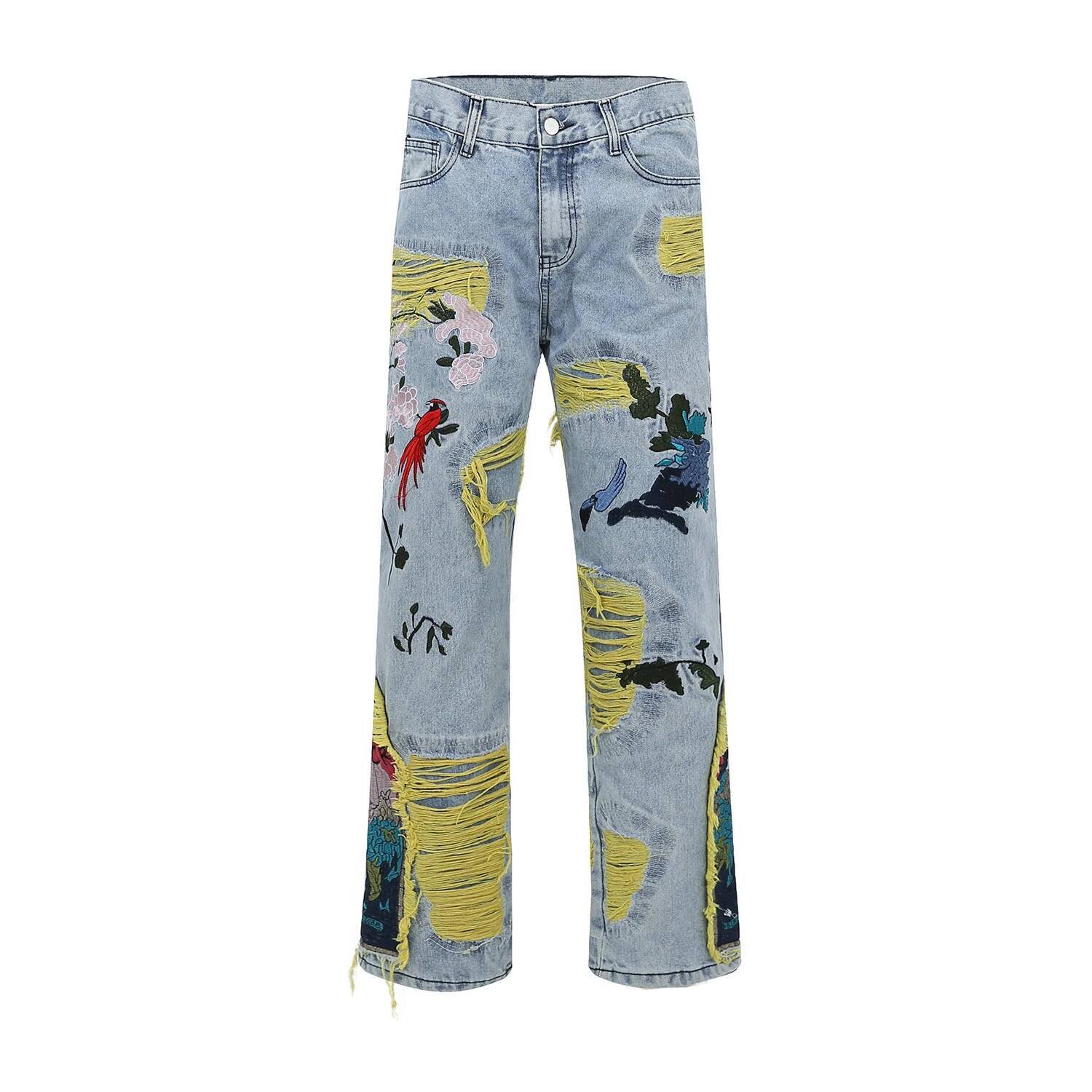 Chinese Painting Embroidered Patch Denim Ripped Jeans For Men Streetwear Pleated Tassels Distressed Destroyed Jean Straight Male