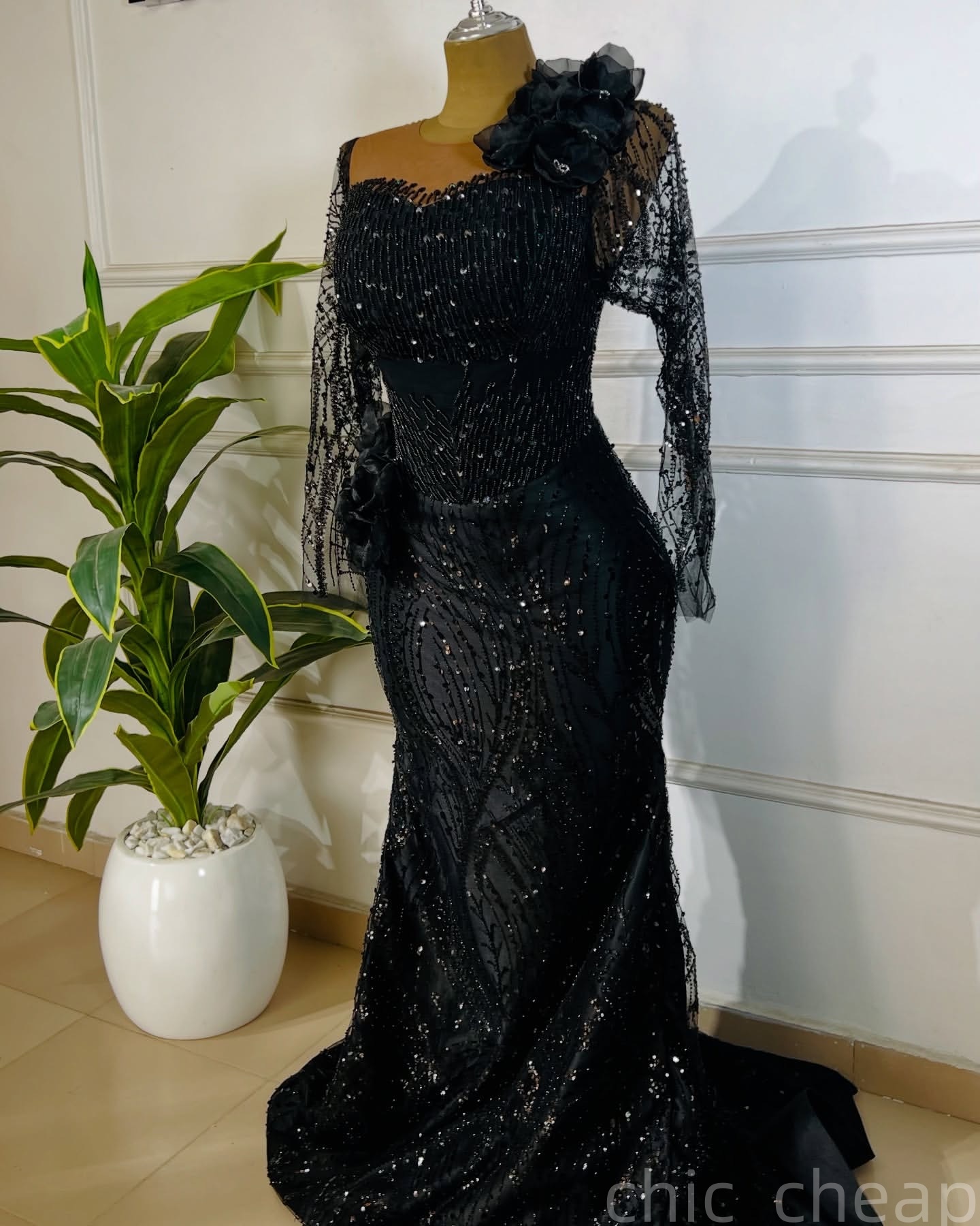 Black Mermaid Prom Dresses 2025 Beaded Flowers Sheer Neck Evening Formal Party Second Birthday Engagement Gowns Plus Size Dress For Special Occasions 