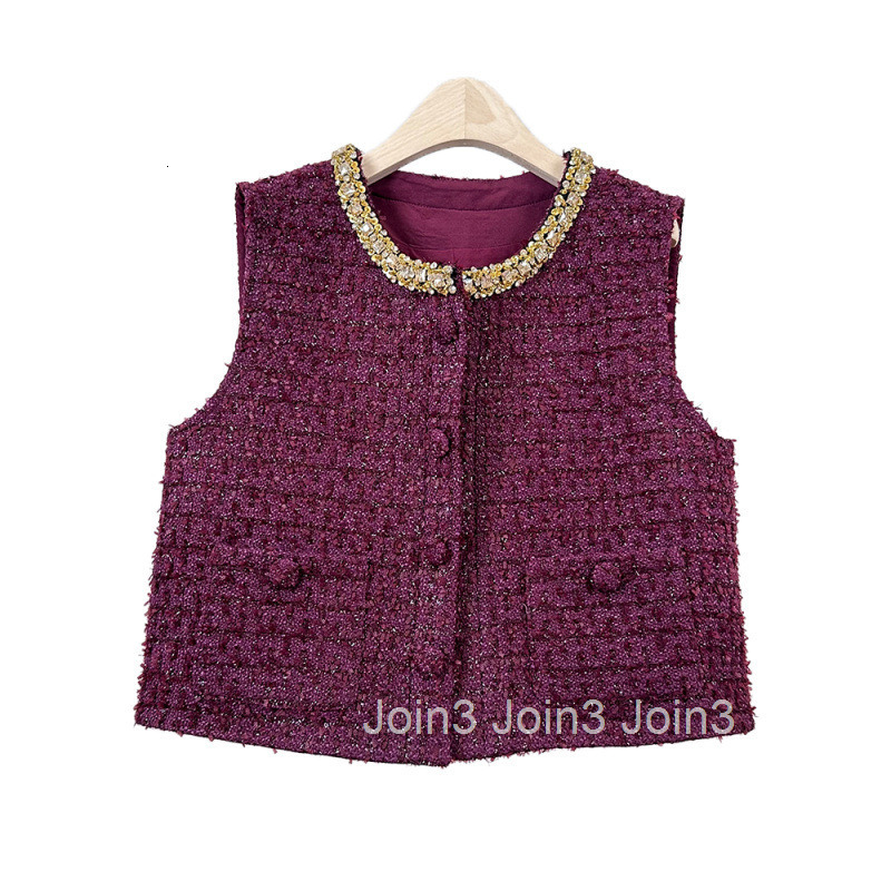 New Heavy Craft Small Fragrance Style Short Vest Womens Top Gentle Fashion Age-Reducing Round Neck Rhinestone Vest Jacket Women