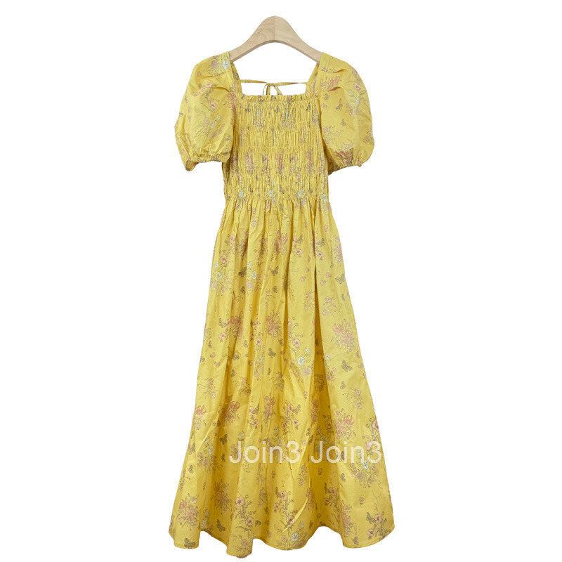 Summer New Korean Style Pleated Waist Low Square Neck Puff Sleeve Short Sleeve Dress Niche Floral Dress Mid-Length Dress