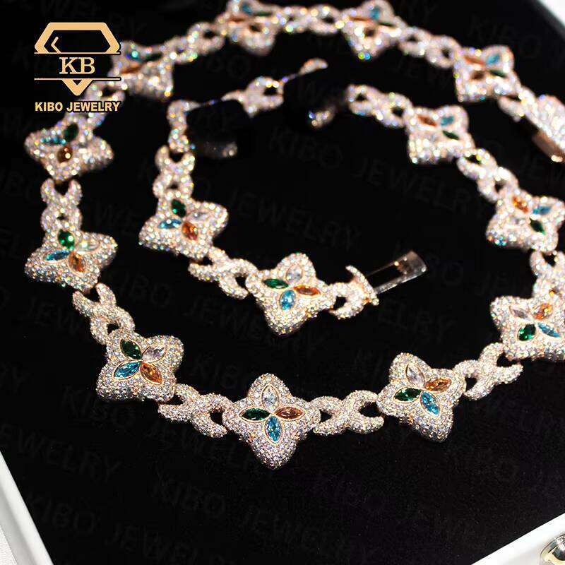 Hip Hop Clover Chains Jewelry VVS Sier Rose Gold Plated 22mm Moissanite Iced Out 4 Leaf Cuban Link Chain