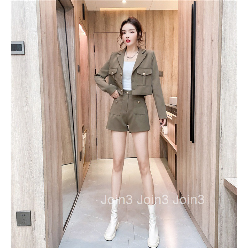 Autumn Winter Fashion Internet Celebrity Stylish Blazer Collar Long Sleeve Jacket Top + Camisole + Shorts Three-Piece Set