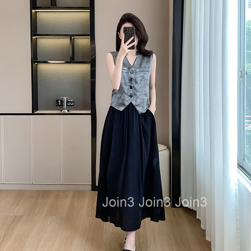 Summer New Slimming Skirt Two-Piece Set Satin Sleeveless Vest Top Half-Length Skirt Set for Women