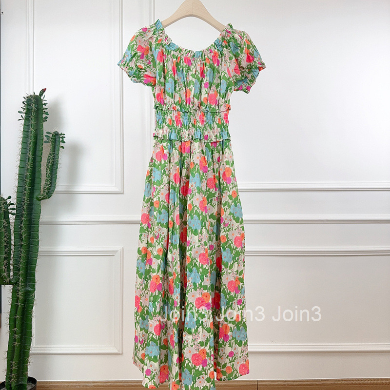 25 Summer New Round Neck Waist-Cinching Slimming Floral Print Short Sleeve Dress Lightweight Cool Long Dress