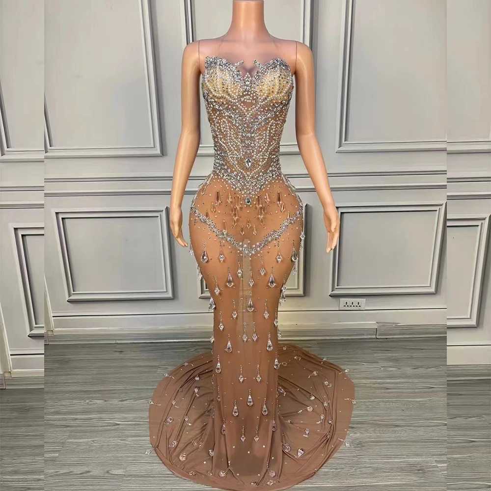 Sexy Strapless Beaded Prom Dress V Neck Mermaid Hemline Sleeveless Evening Birthday Wedding Dress Women Party Photoshoot Gowns Z250728