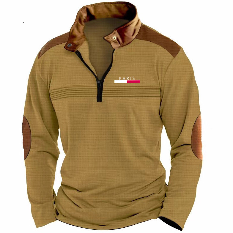 Spring and Autumn Fashion Mens Printed Polo Shirt Mens Zipper Wrinkled Long Sleeve Casual Sweatshirt