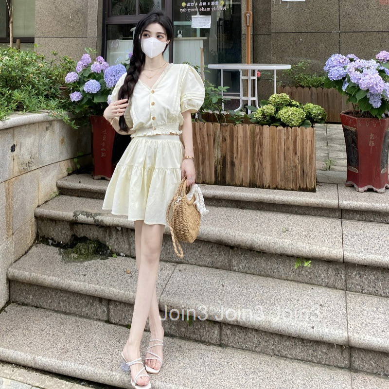 Summer New Korean Style French Elegant V-neck Slimming Short Sleeve Top + High Waist Skirt Set for Women