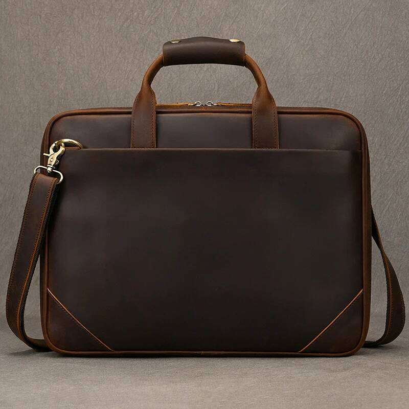 OLOEY Leather men's business commuter leather man briefcase cowhide handbag retro fashion shoulder A4 document laptop bag