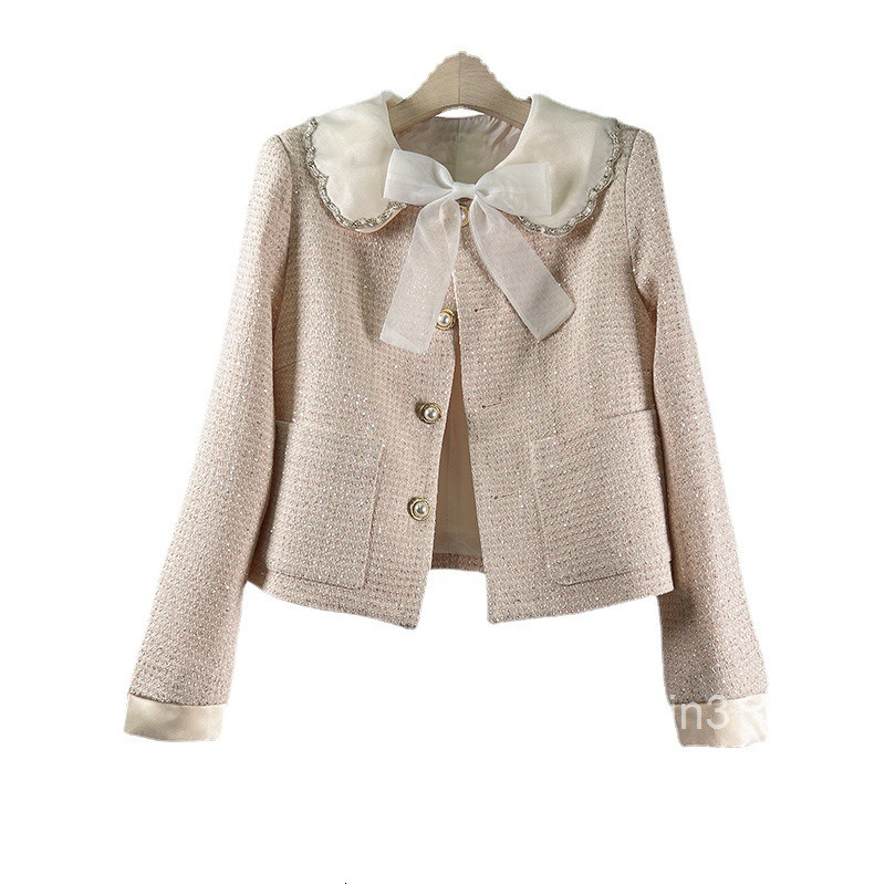 Net red celebrity temperament small fragrance coat womens tweed spring and autumn new small bow top