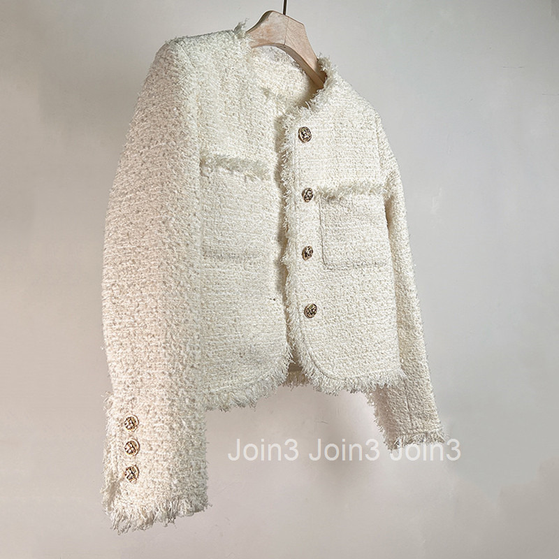 French Design Texture Small Fragrance Coat Womens Tweed Tassel Round Neck Temperament Pocket Celebrity Network Red Book Spring and Autumn New