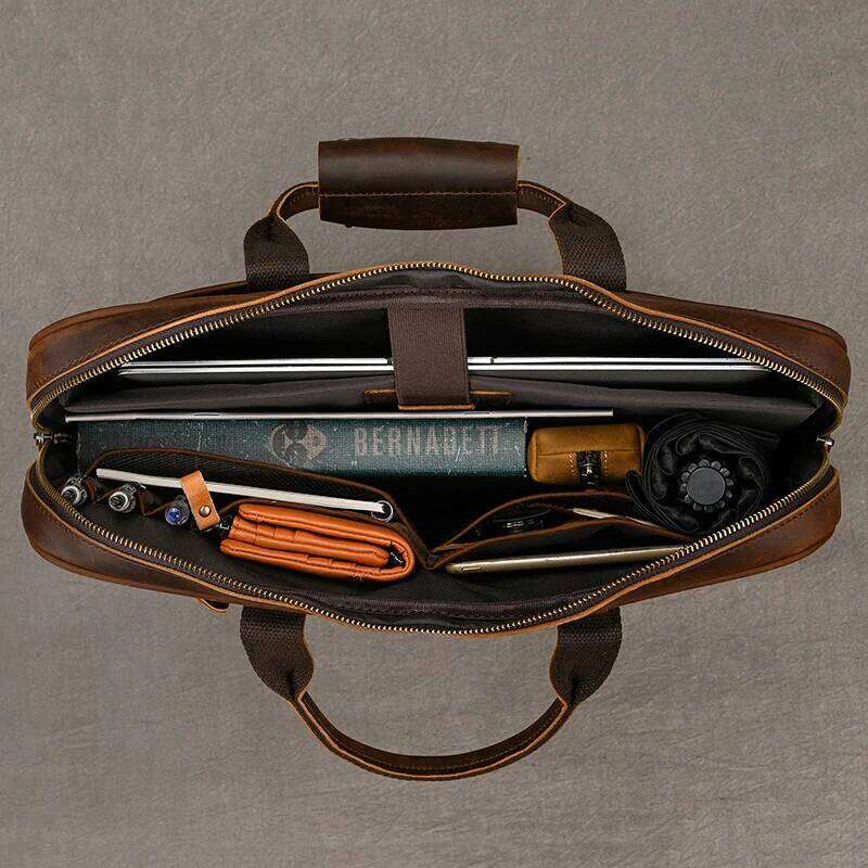 Leather men's business commuter leather man briefcase cowhide handbag retro fashion shoulder A4 document laptop bag