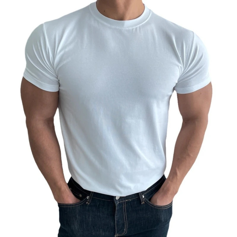 Summer Gym Sports Fitness Short Sleeve Tshirt Mens Training Cotton Breathable Tops Solid Color Tee Casual Sweatshirt Clothing 250729