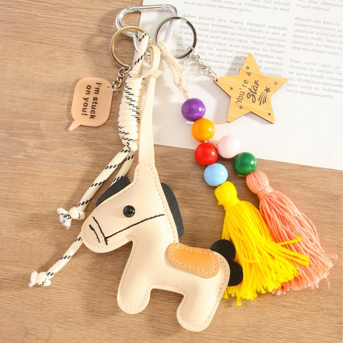 Milk white PU pony star tassel high-end handbag pendant pony keychain car hang