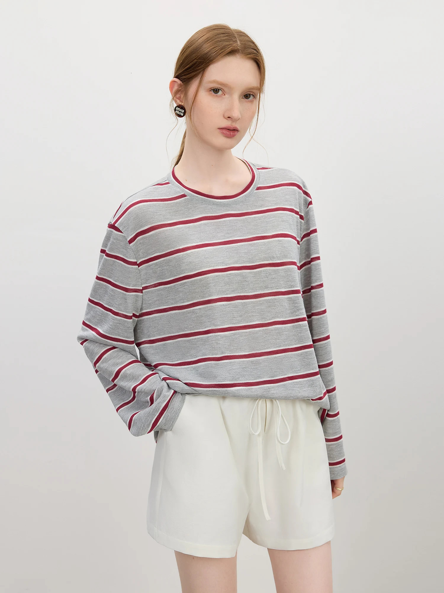 FSLE Fashion Loose Casual Striped Longsleeved Tshirt for Women Summer Arrival Vacation Style Pullover Top 25FS12440 250729