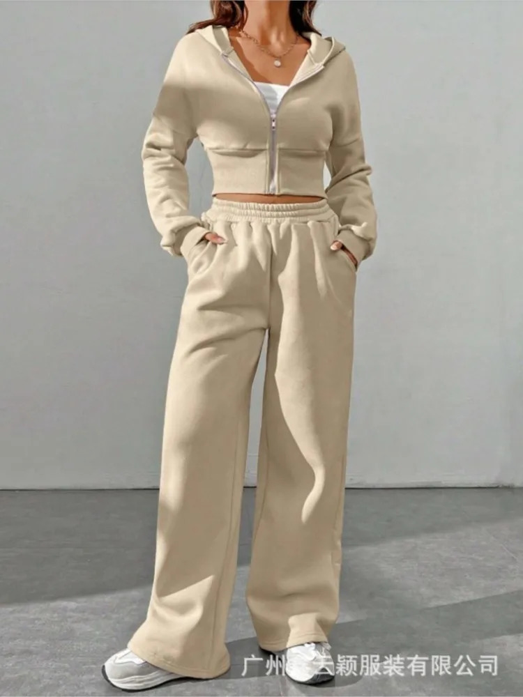 Casual Fashion Hoodie Long Sleeve Zipper Cardigan Sweater Sports Trousers 2Piece Set Autumn Winter Pocket Suit Women 250729