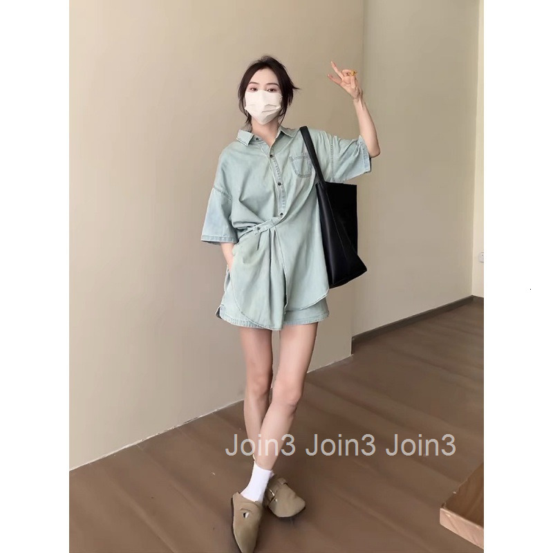 Summer Shorts Set for Women Fashion New Loose Casual Denim Half-Sleeve Top Shirt + Wide-Leg Shorts Two-Piece